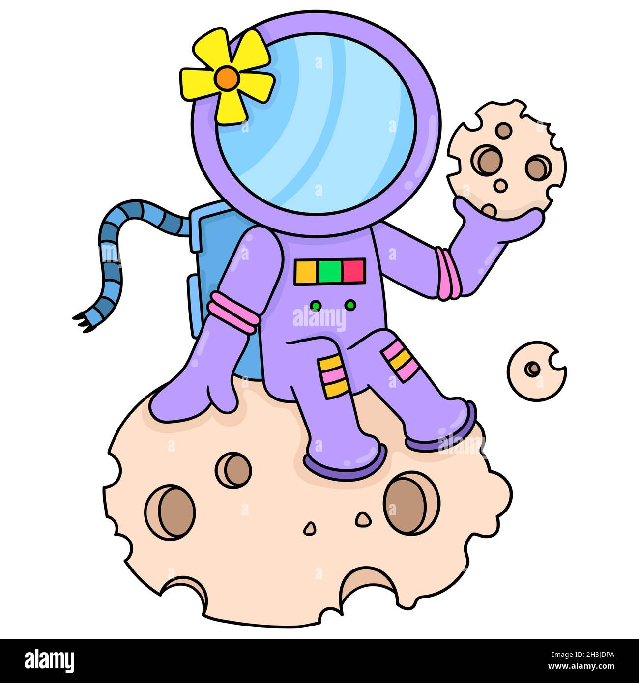the female astronaut sits on a meteor rock and holds crumbs of the rock in her hand Stock Vector