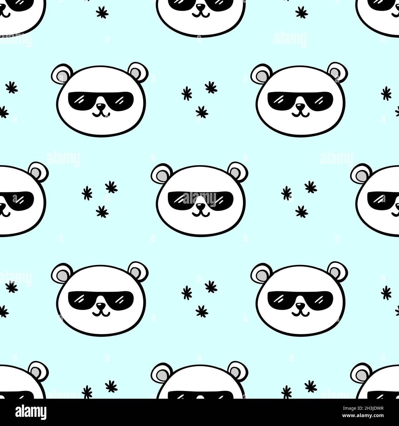 Polar bear with sunglasses and snowflakes cute trendy seamless pattern isolated on blue background Stock Vector