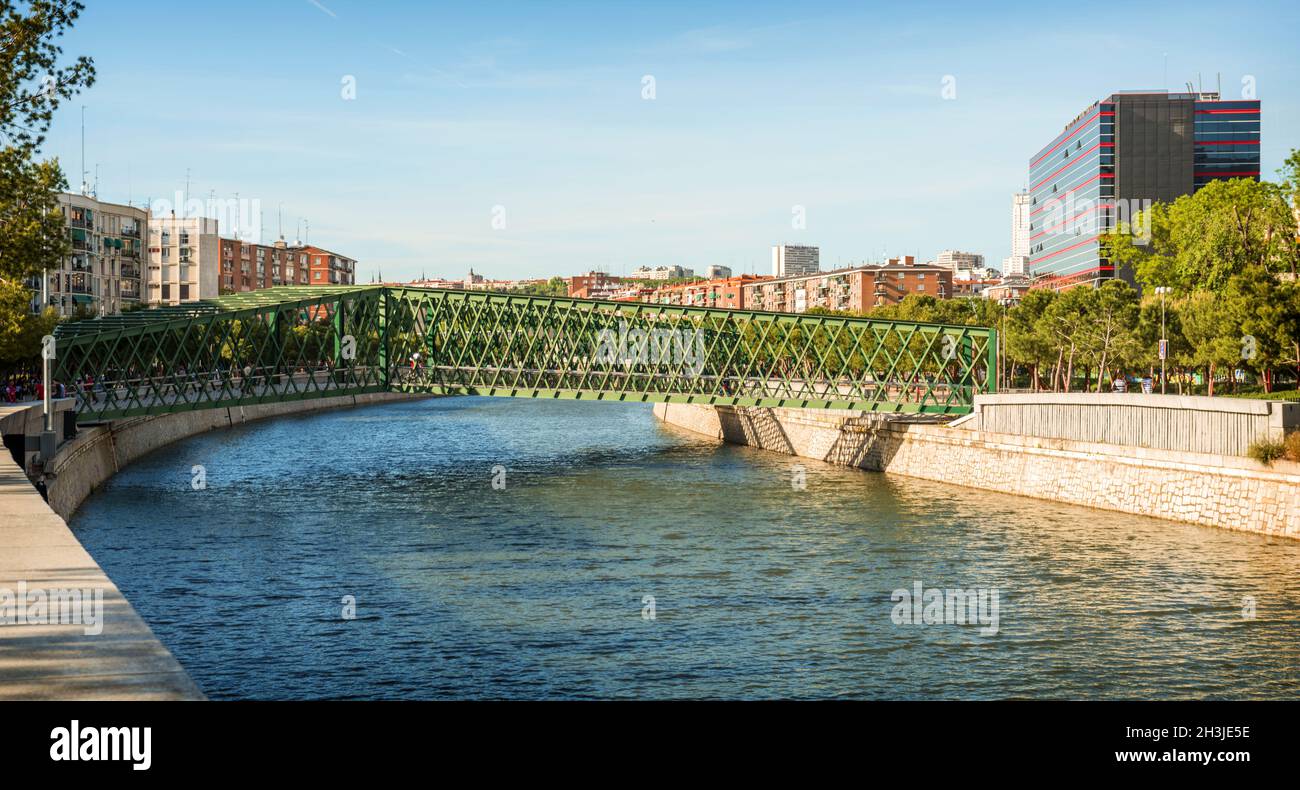 Manzanares River and a bridge in Madrid, Spain Stock Photo