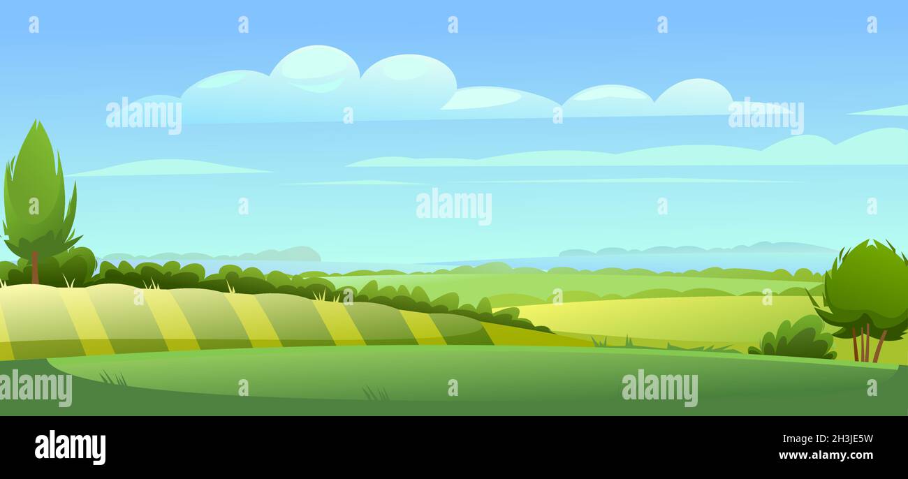 Rural landscape. Horizontal village nature illustration. Cute country hills. Foggy horizon with garden hills with beds. Flat style. Vector Stock Vector