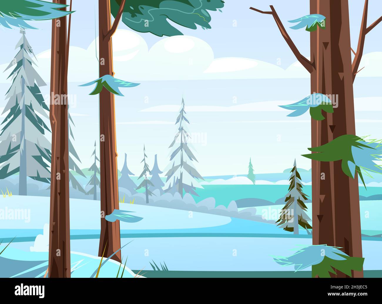 Pine Trees. Trunks of fir and Spruce. Snow frosty landscape. Beautiful Forest Panorama. Illustration in cartoon style flat design. Vector Stock Vector