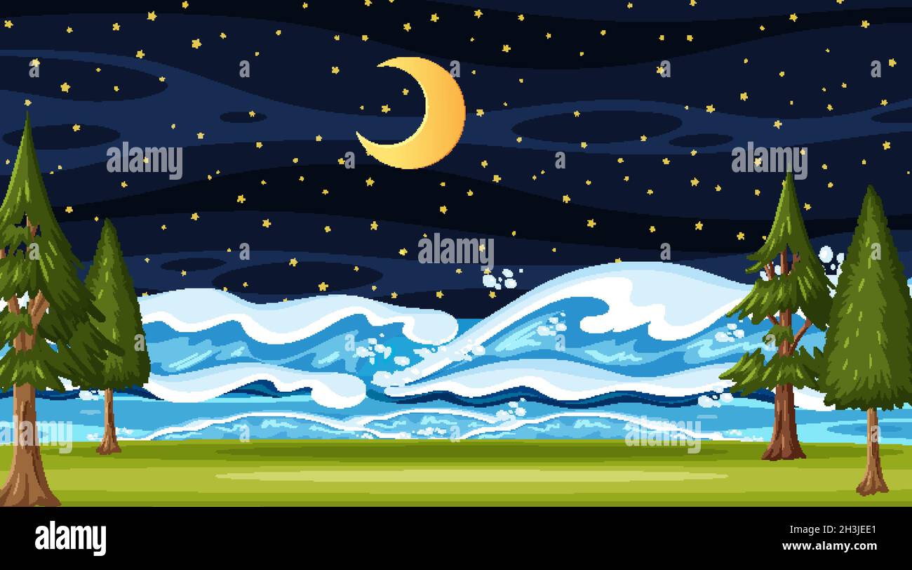 Beach landscape at night scene with ocean wave illustration Stock ...
