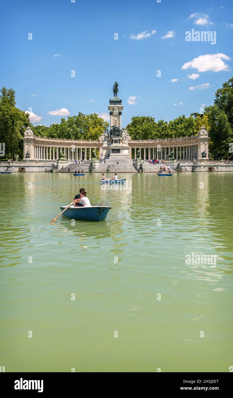 MADRID, NOVEMBER 22: People enjoy their free time at The Buen Retiro Park lake in Madrid, Spain on November 22, 2014 Stock Photo