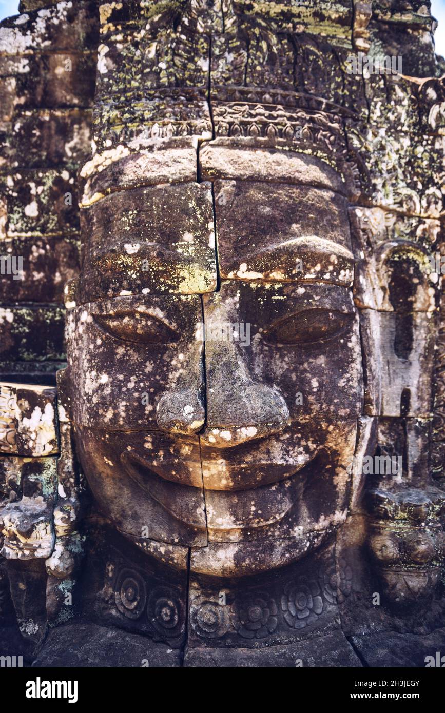 Stone head on towers of Bayon temple in Angkor Thom, Siem Reap, Cambodia Stock Photo