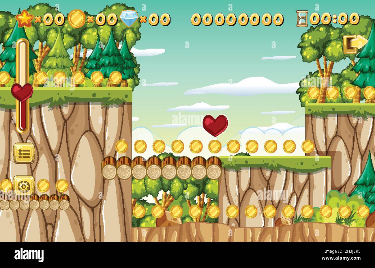 Collecting Coins Platformer Game Template illustration Stock Vector