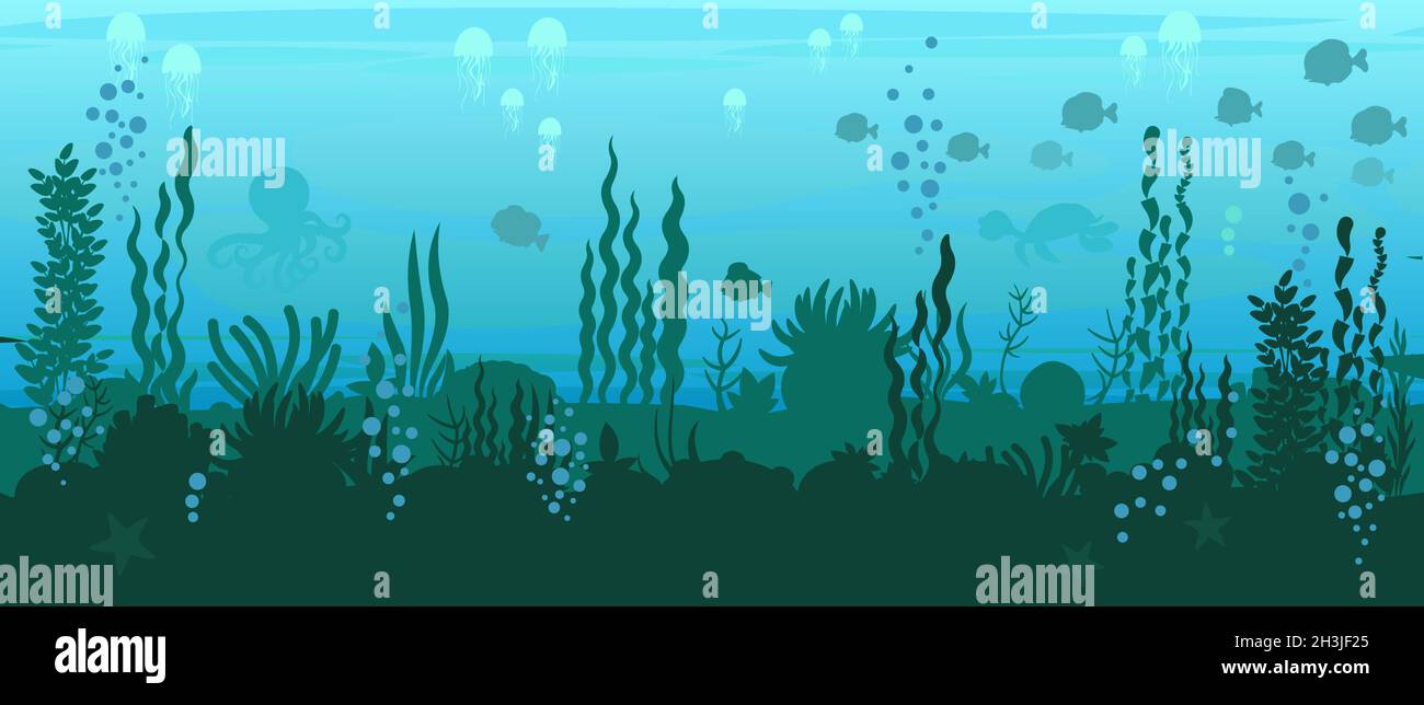 Bottom of reservoir with fish. Silhouette. Blue water. Sea ocean. Underwater landscape with animals, plants, algae and corals. Illustration in cartoon Stock Vector