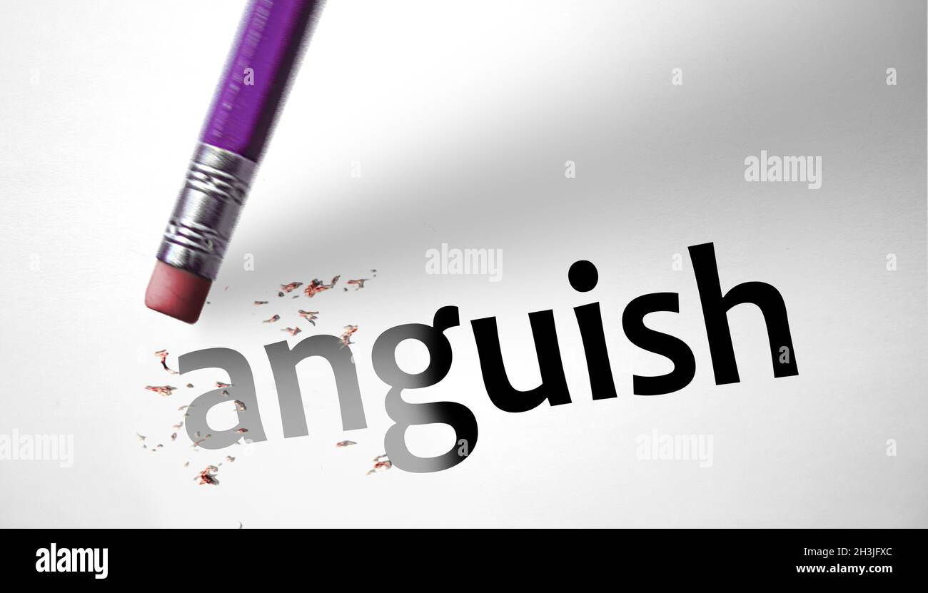 Eraser deleting the word Anguish Stock Photo