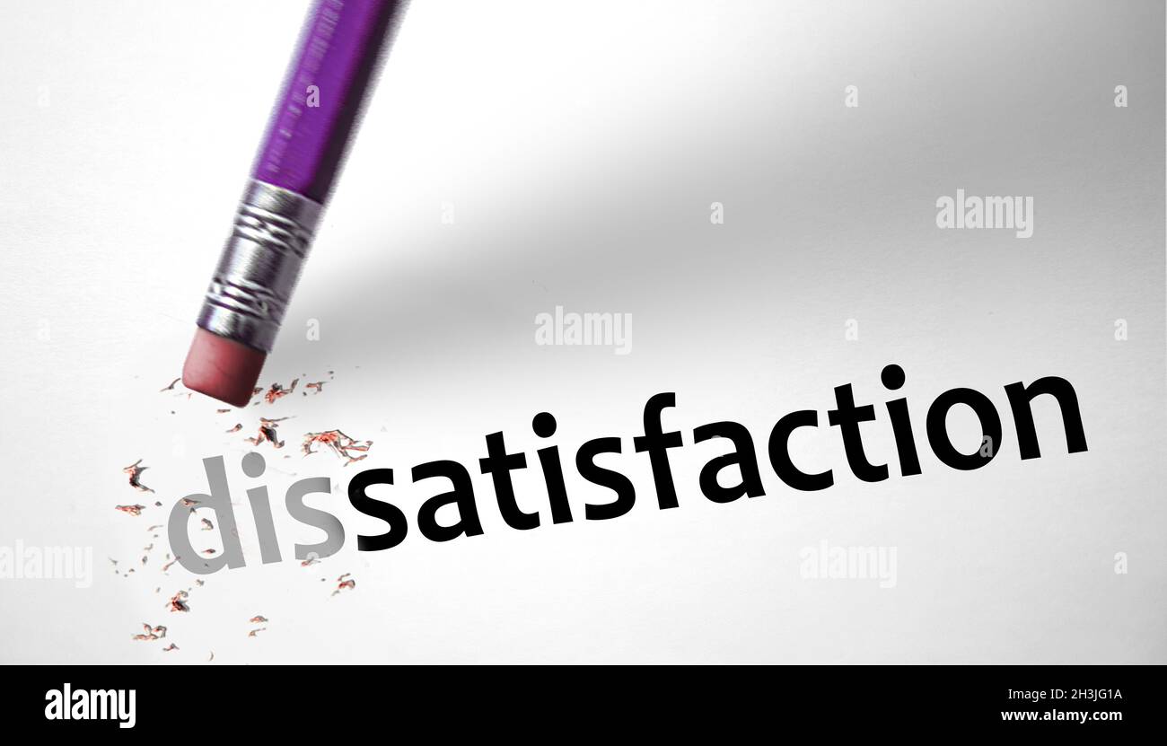 Eraser changing the word Dissatisfaction for Satisfaction Stock Photo