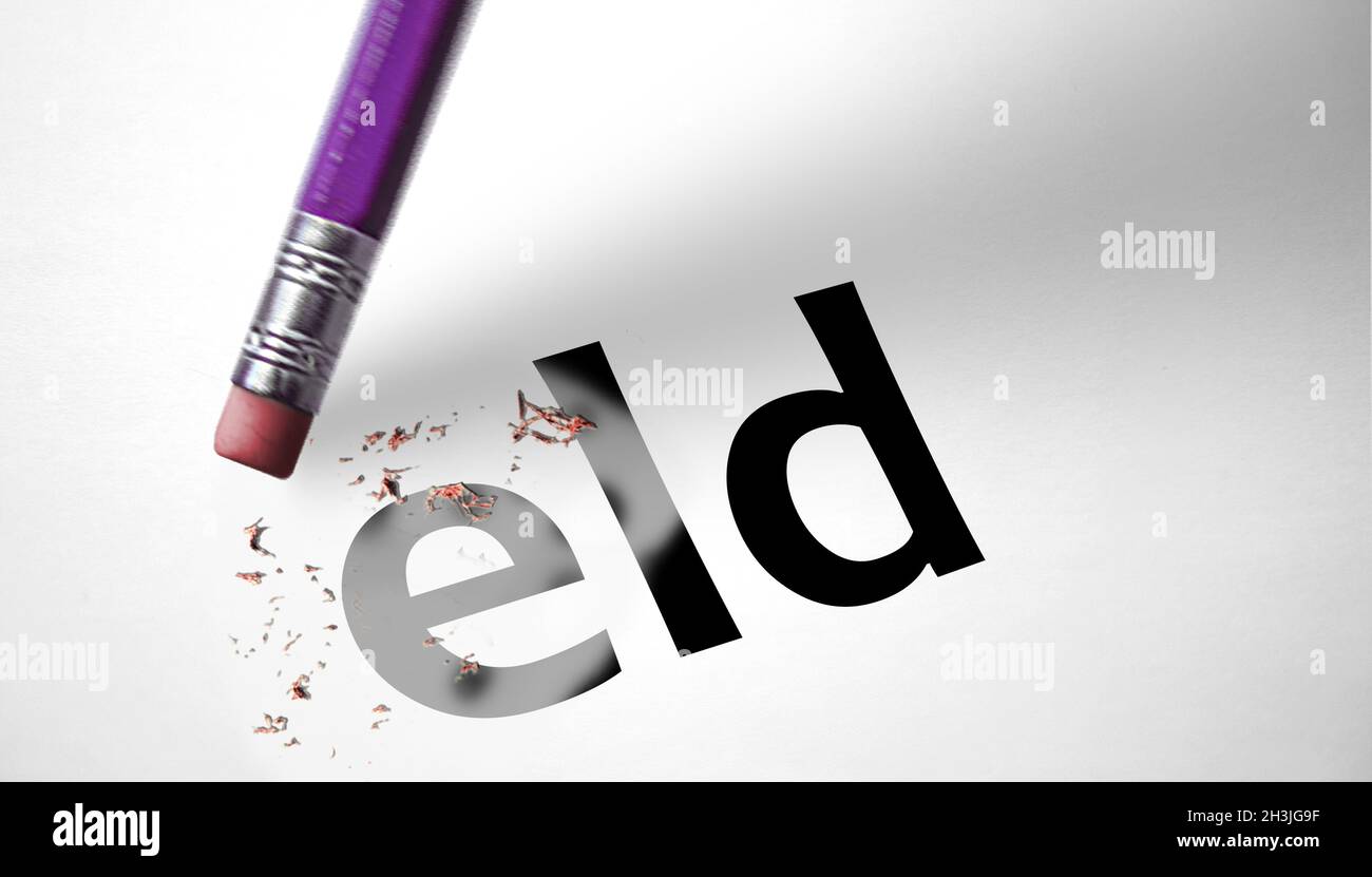 Eraser deleting the word Eld Stock Photo