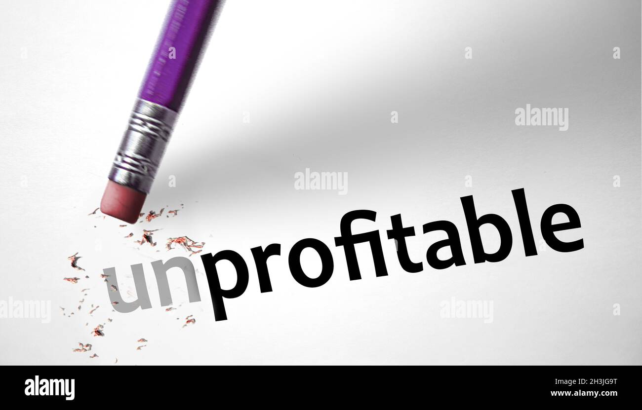 Eraser changing the word unprofitable for profitable Stock Photo