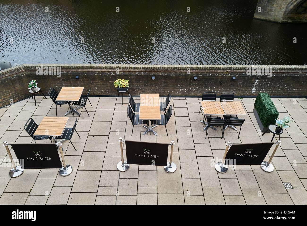 Thai River restaurant terrace on the bank of the river Wear at Durham, England. Stock Photo