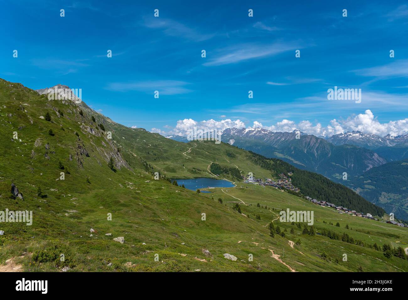 Landscape with the Bettmerhorn mountain and Lake Bettmersee, Bettmeralp, Valais, Switzerland, Europe Stock Photo