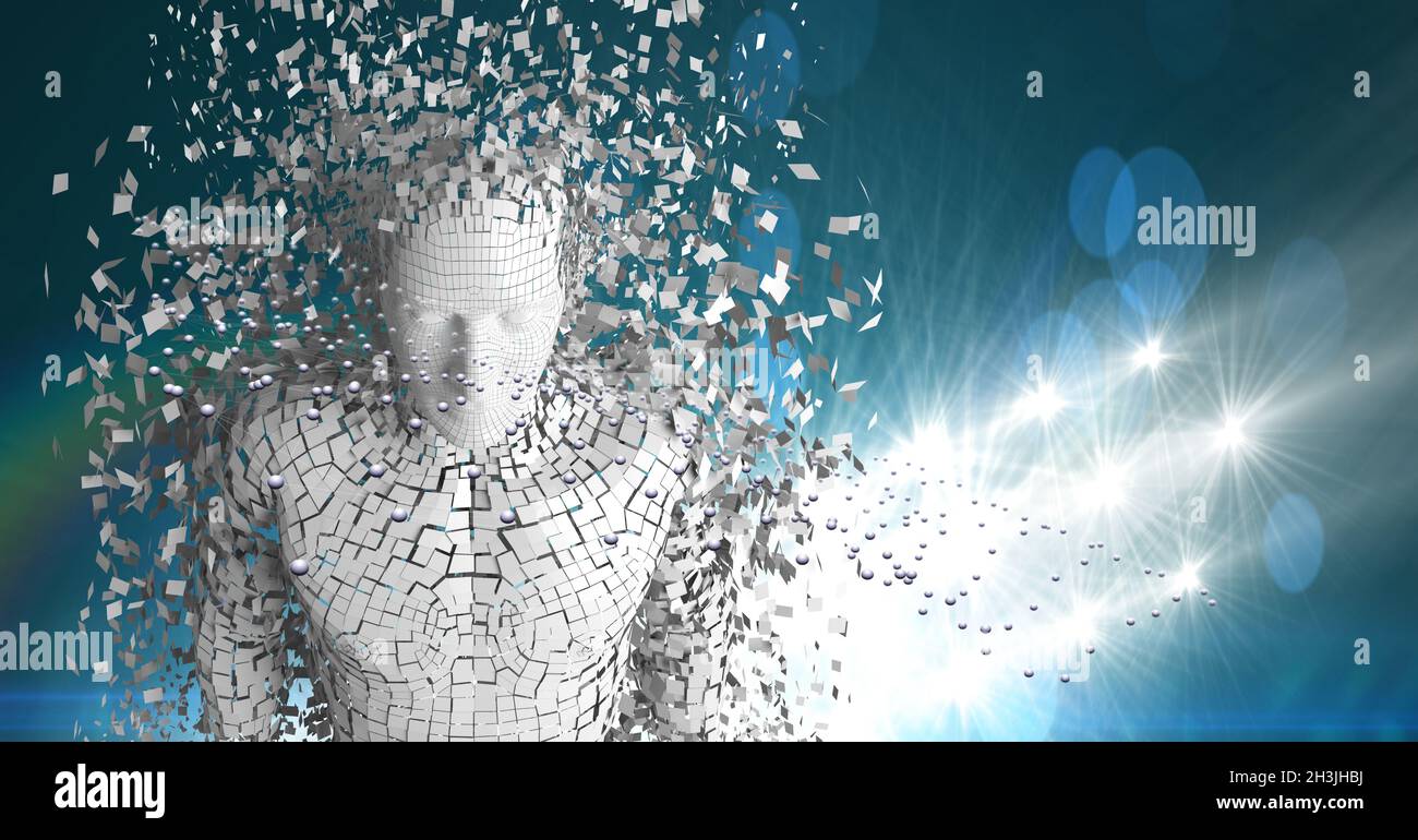 Three dimensional effect of white male cyborg avatar pixelated with illuminated background Stock Photo