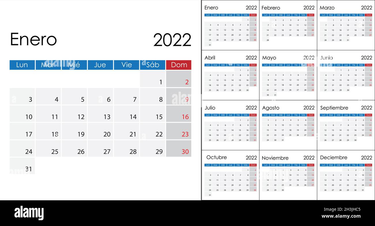 Simple Calendar 2022 on Spanish language, week start on Monday. Vector ...