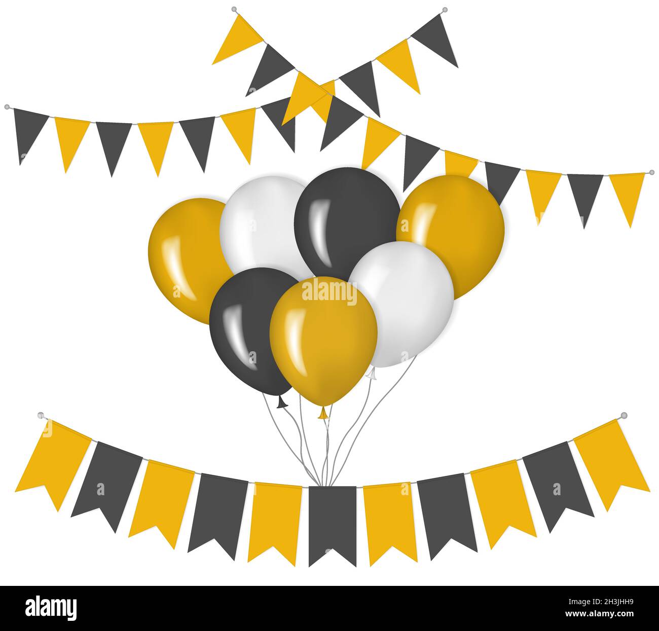 Holiday decorations, vector illustration. Balloon bunch and pennant banner hanging flags. White, black, orange colors Stock Vector