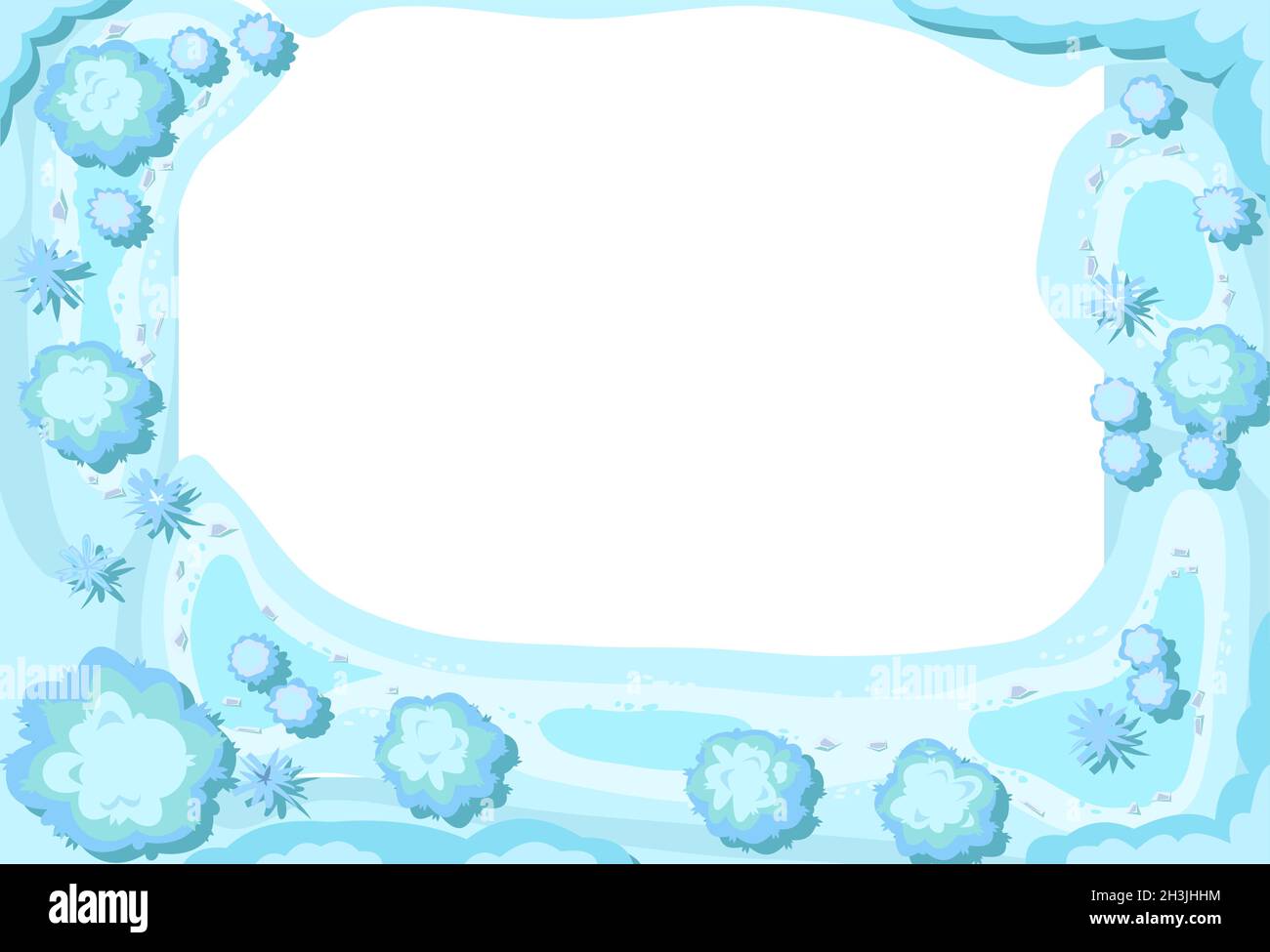 Winter landscape top view. Formless Frame around edge of image. Snowy frosty nature in cold season. From high. Drifts of snow. Illustration in cartoon Stock Vector
