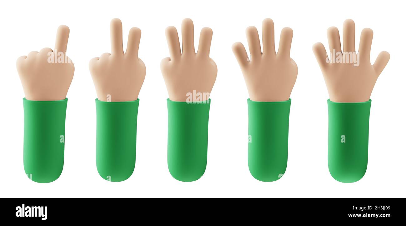 Cartoon person hands counting from one to five with fingers. 3d render of counting hand. Pointing, victory sign, hello gesture Stock Photo