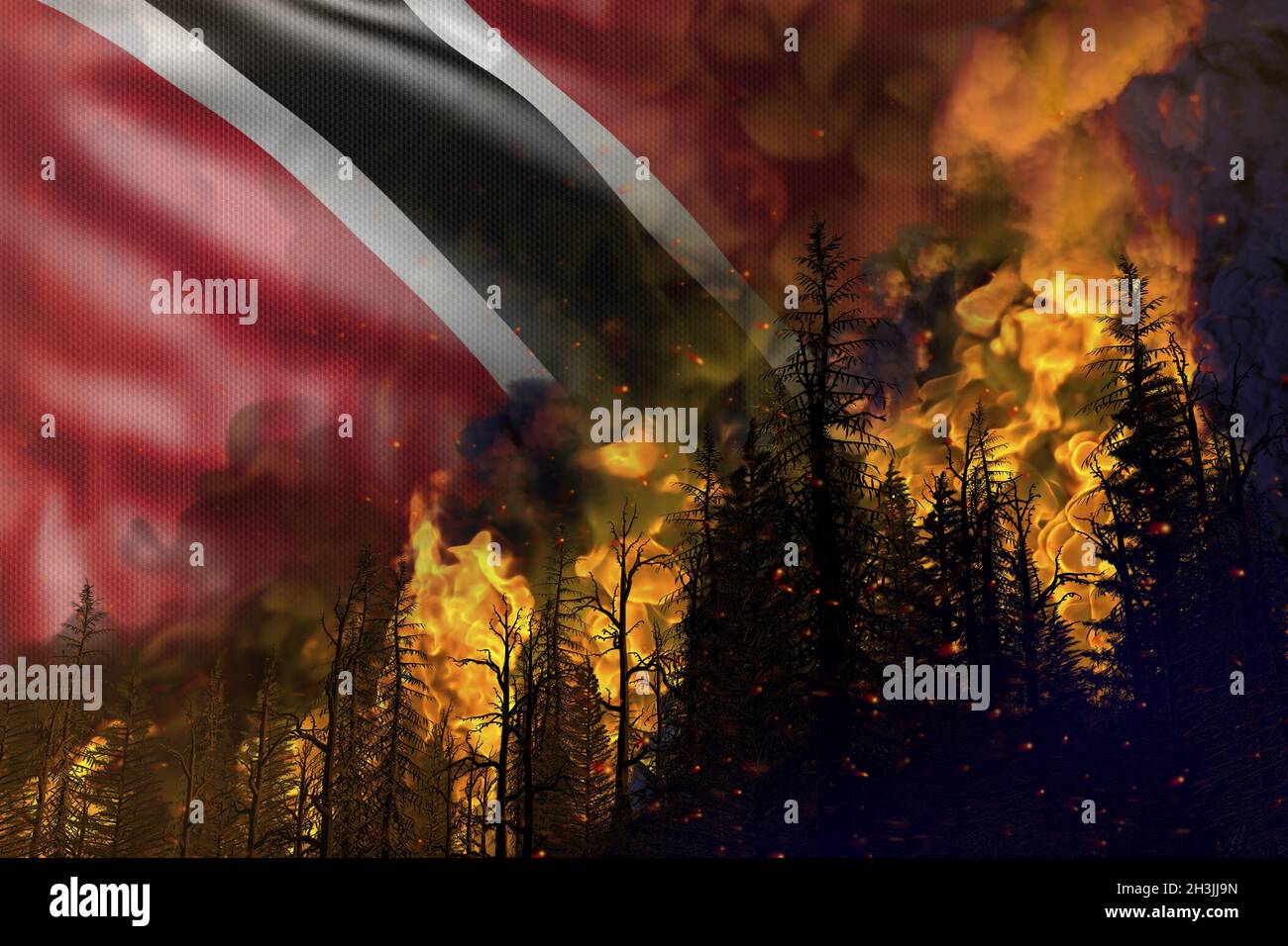 Forest fire fight concept, natural disaster - flaming fire in the woods on Trinidad and Tobago flag background - 3D illustration of nature Stock Photo