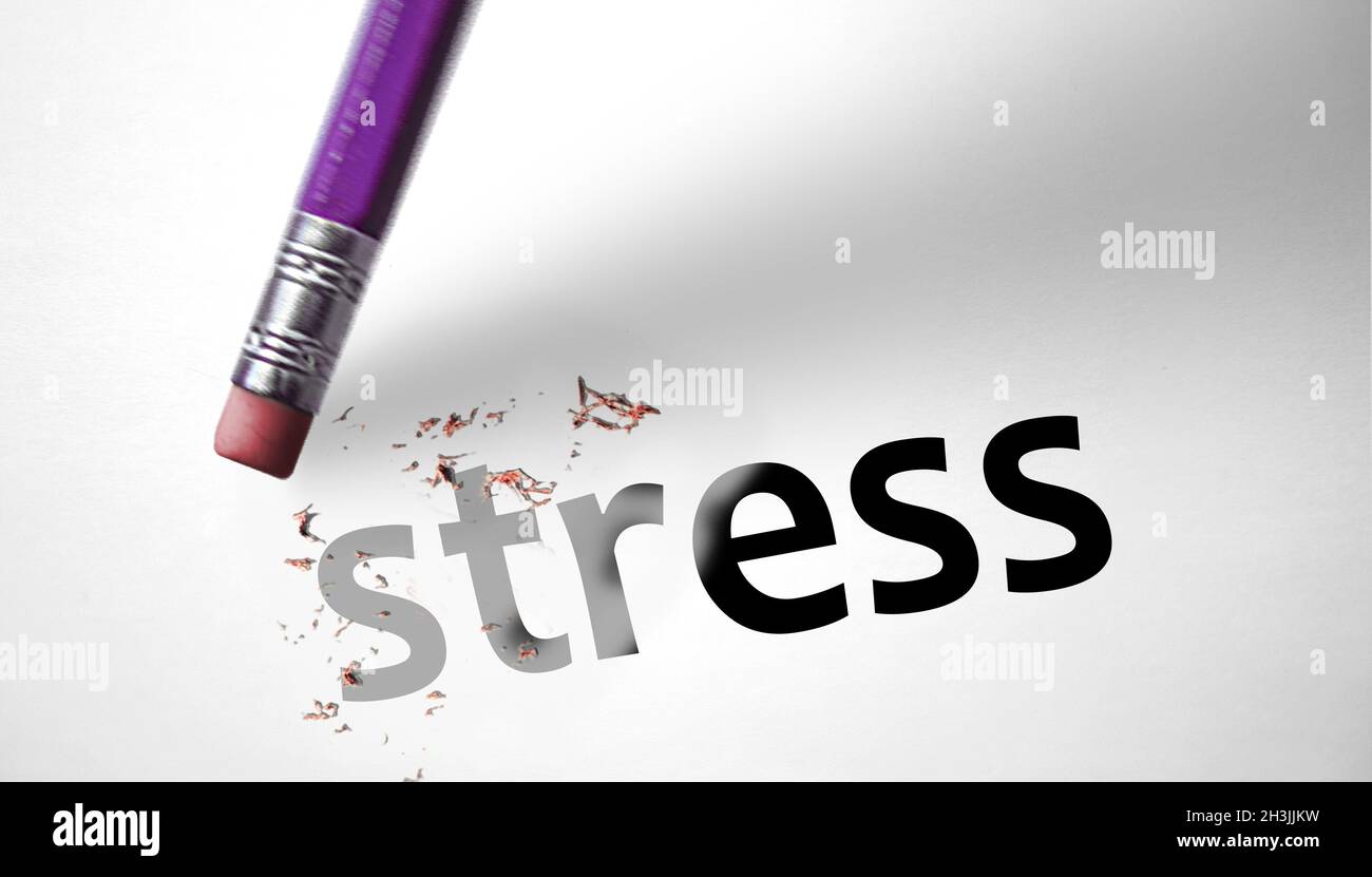 Eraser deleting the word Stress Stock Photo