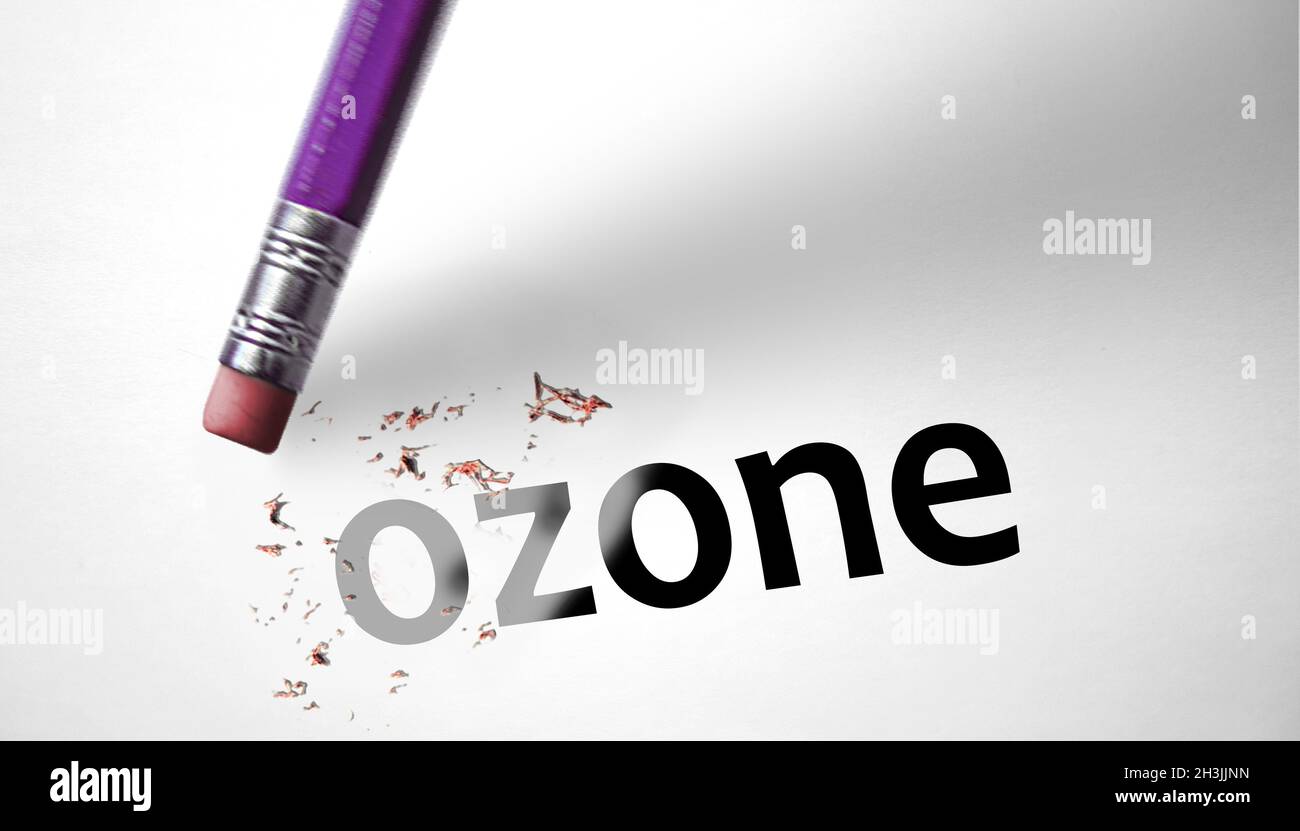 Eraser deleting the word Ozone Stock Photo