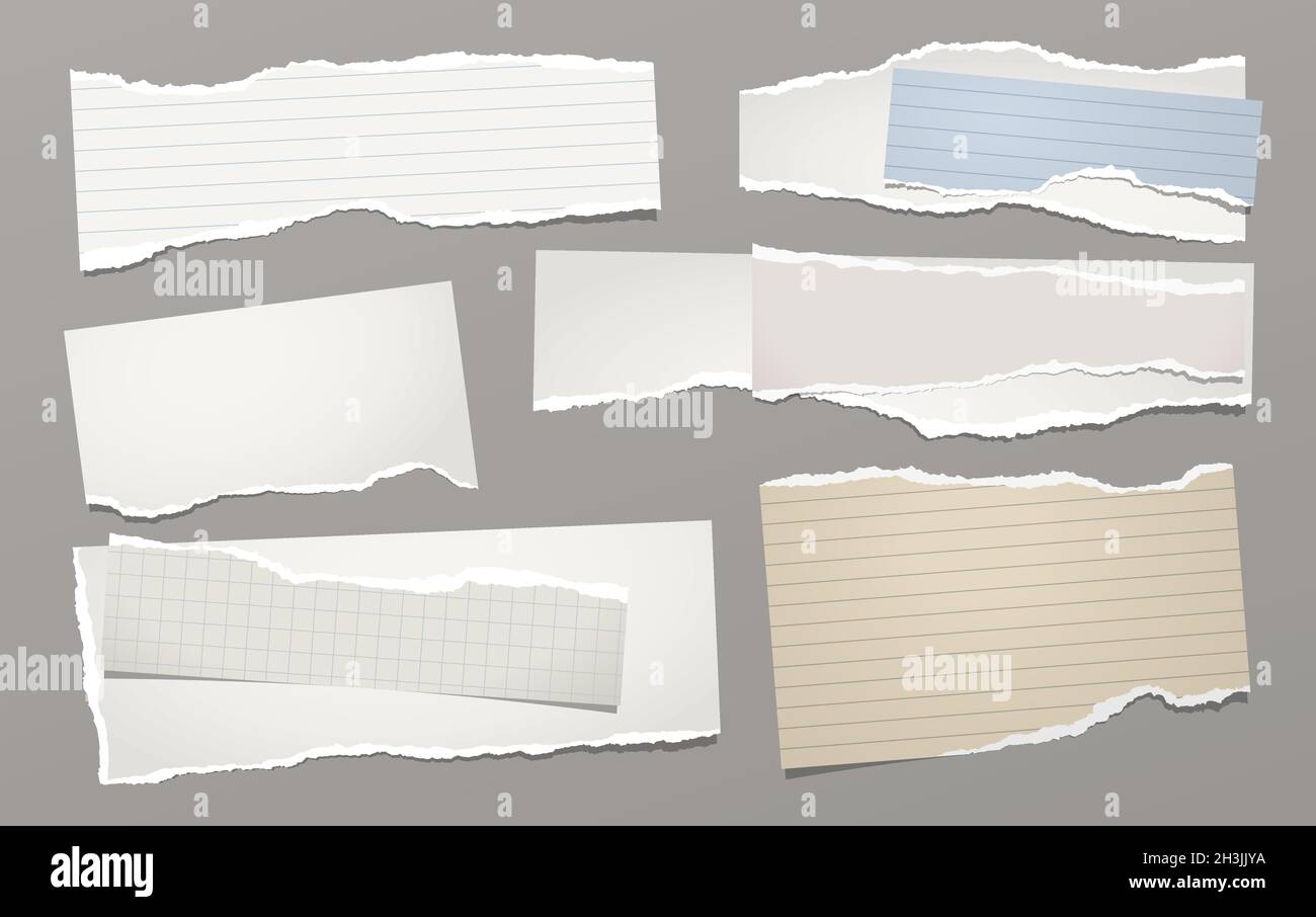 Set of torn white note, notebook paper stripes are on dark grey background for text, advertising or design. Vector illustration Stock Vector