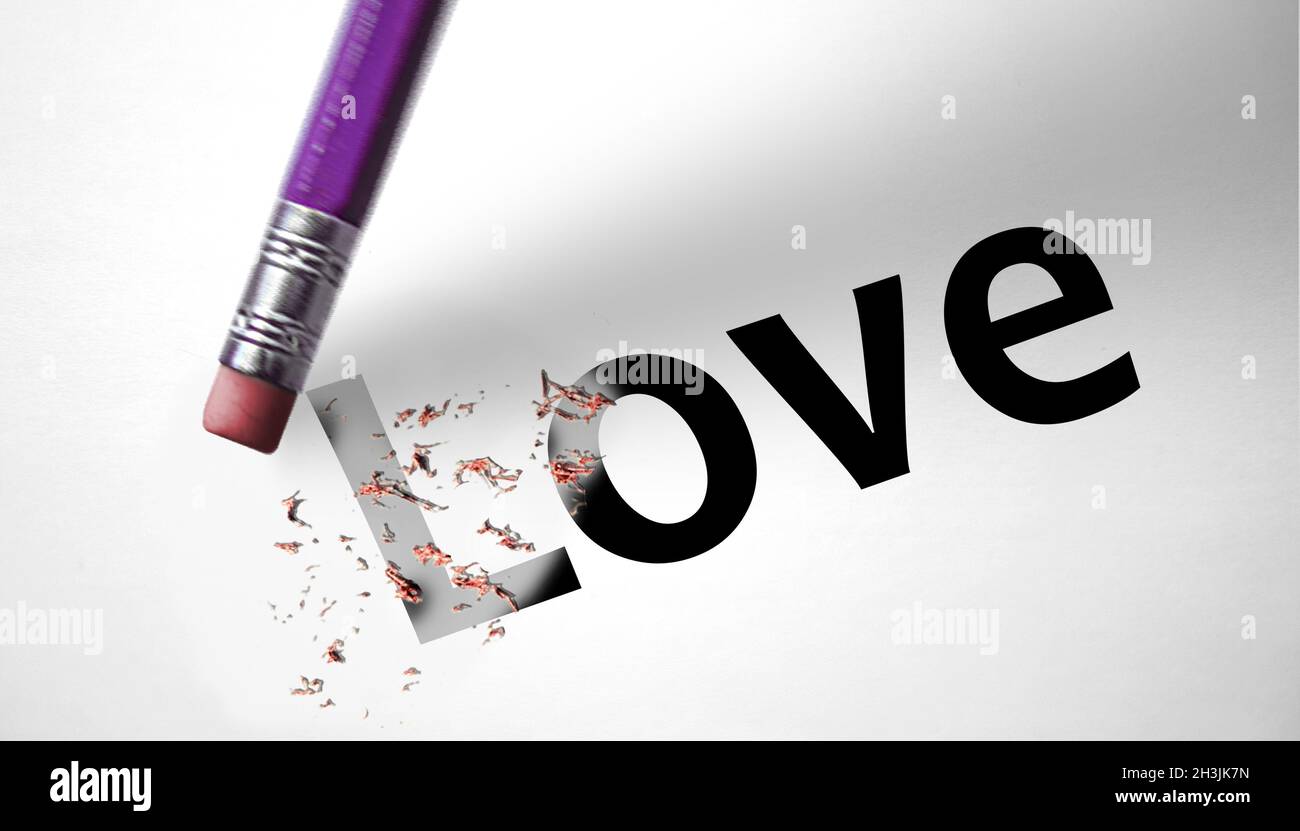 Eraser deleting the word Love Stock Photo