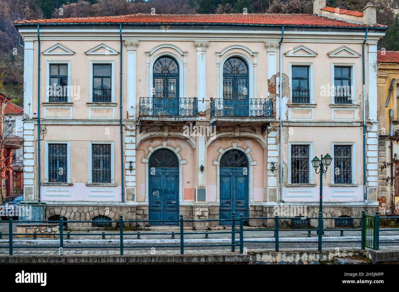 Magnificent old neoclassical buildings by the river Sakouleva in Florina. Stock Photo