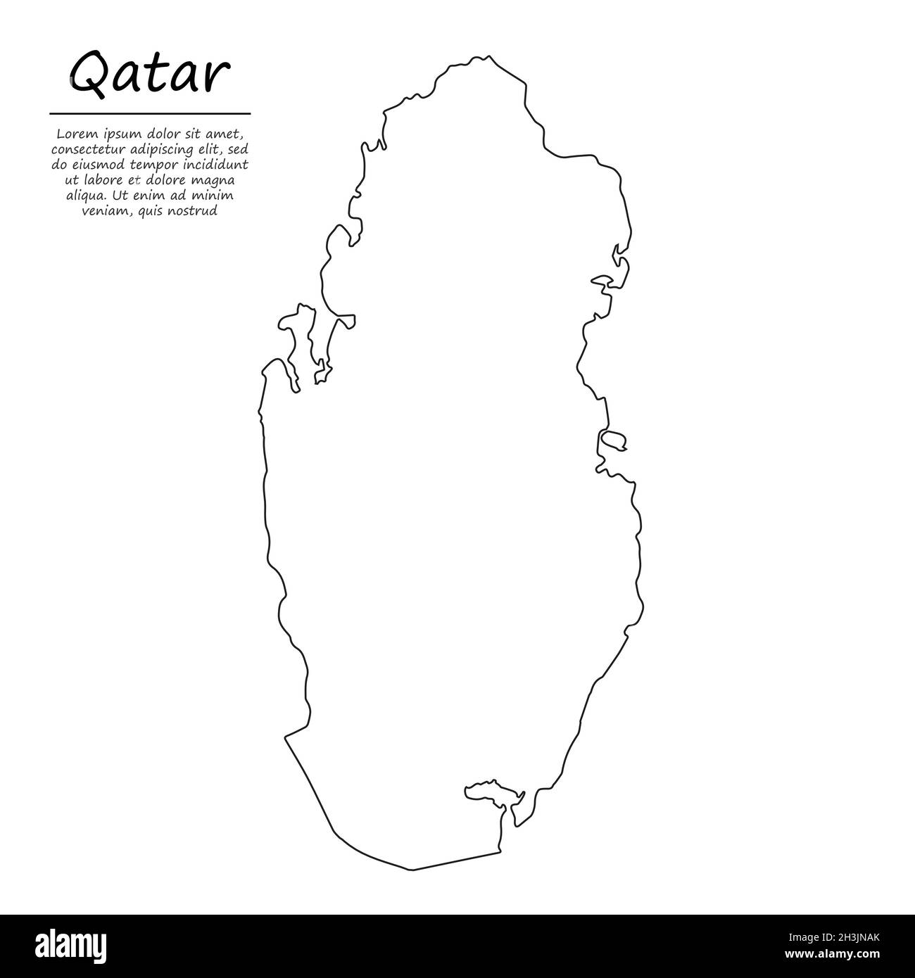 Simple outline map of Qatar, vector silhouette in sketch line style