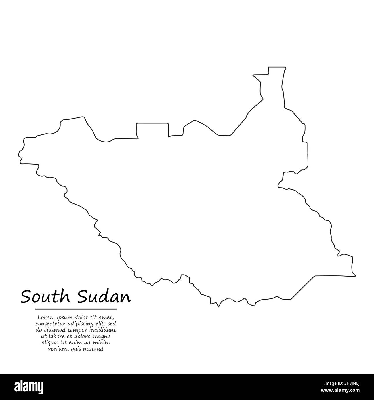 Simple outline map of South Sudan, vector silhouette in sketch line ...