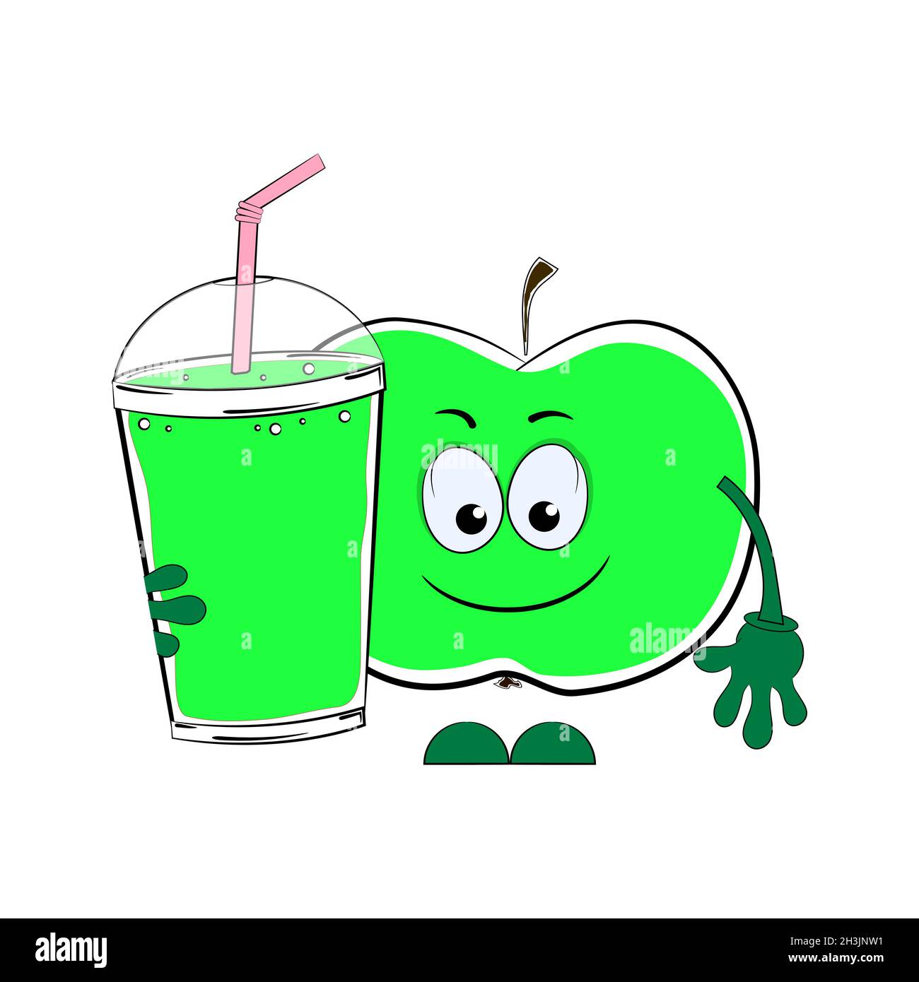 Apple juice and a cartoon green apple. Vector illustration on a white