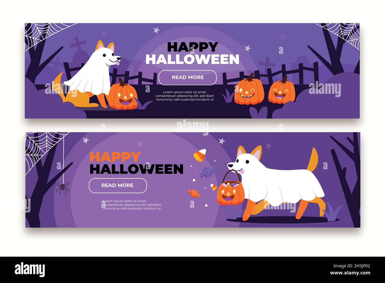 hand drawn flat halloween horizontal banners set vector design illustration Stock Vector