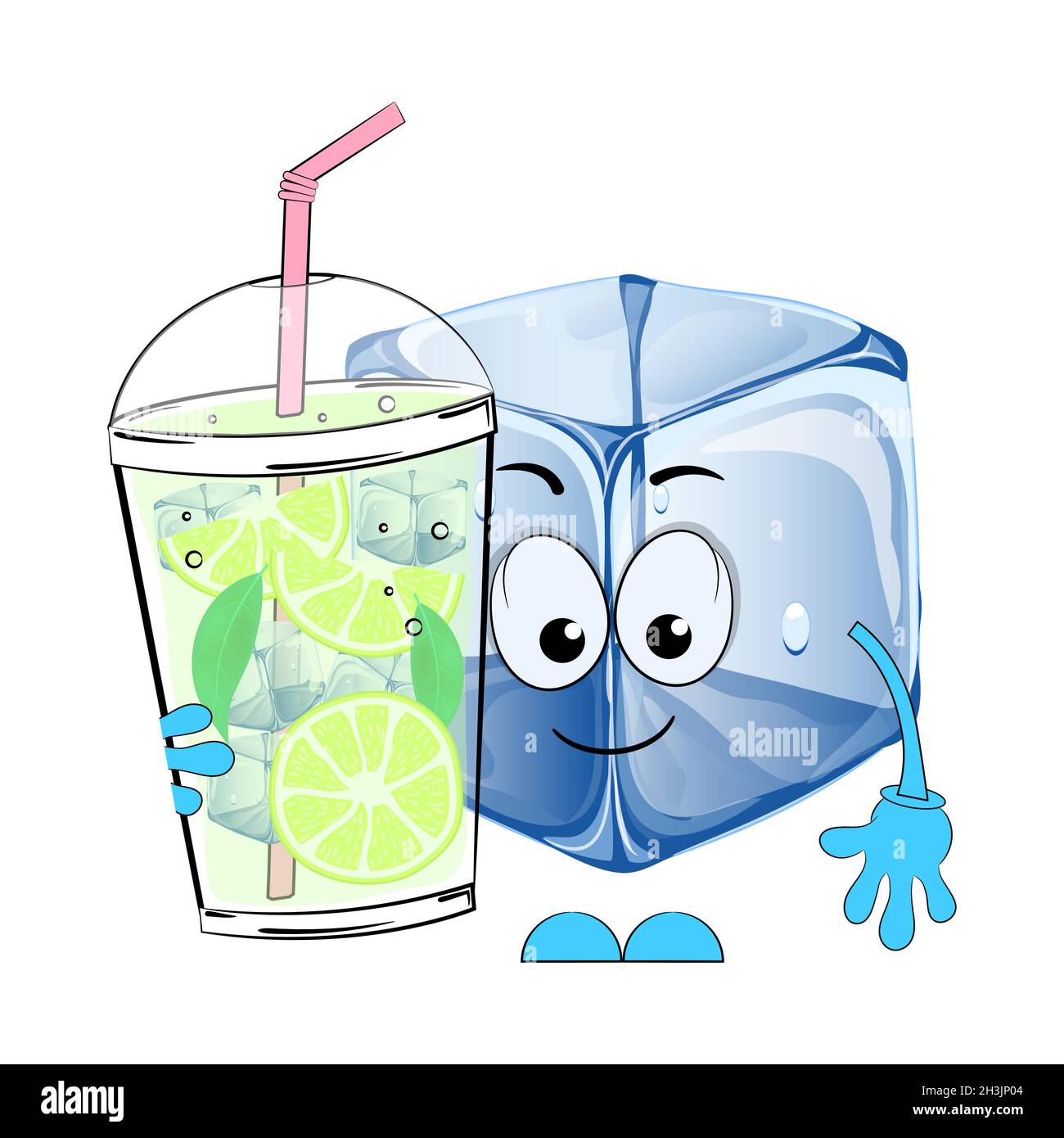 Mojito and cartoon ice cube. Vector illustration on a white background. Stock Vector