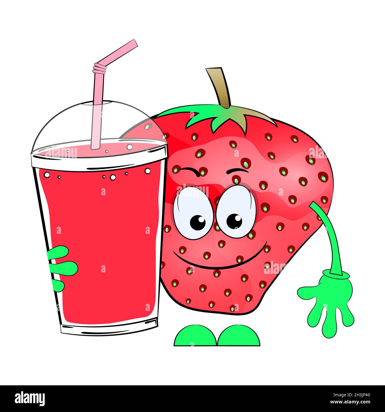 Strawberry juice and cartoon strawberries. Vector illustration on a