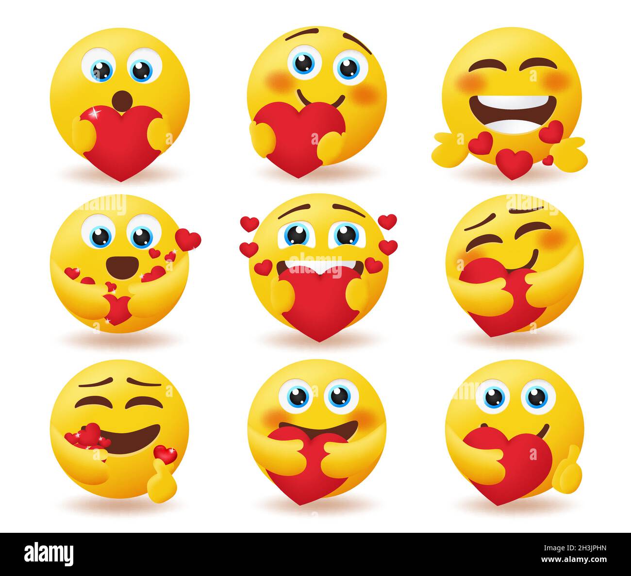 Smiley in love emojis vector set. Valentine emoticons character with hearts love element isolated in white background for care and love emoji. Stock Vector