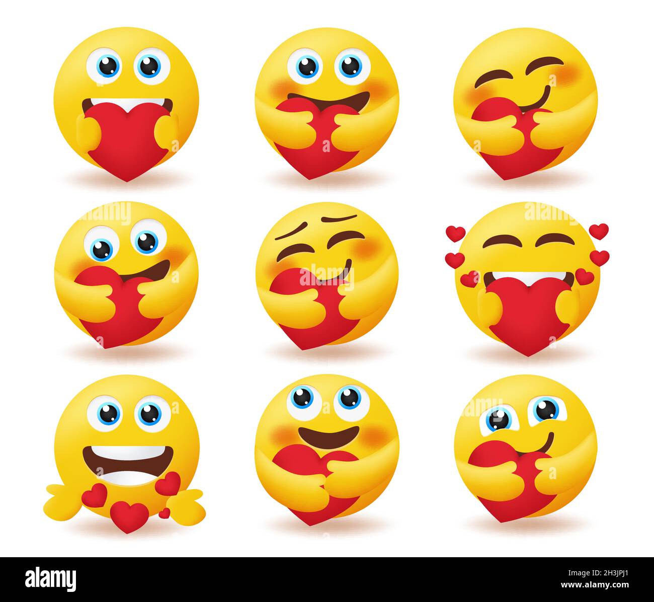 Emoji valentines emoticon vector set. Emoticons in love smiley characters in care and love pose isolated in white background for valentine smileys. Stock Vector