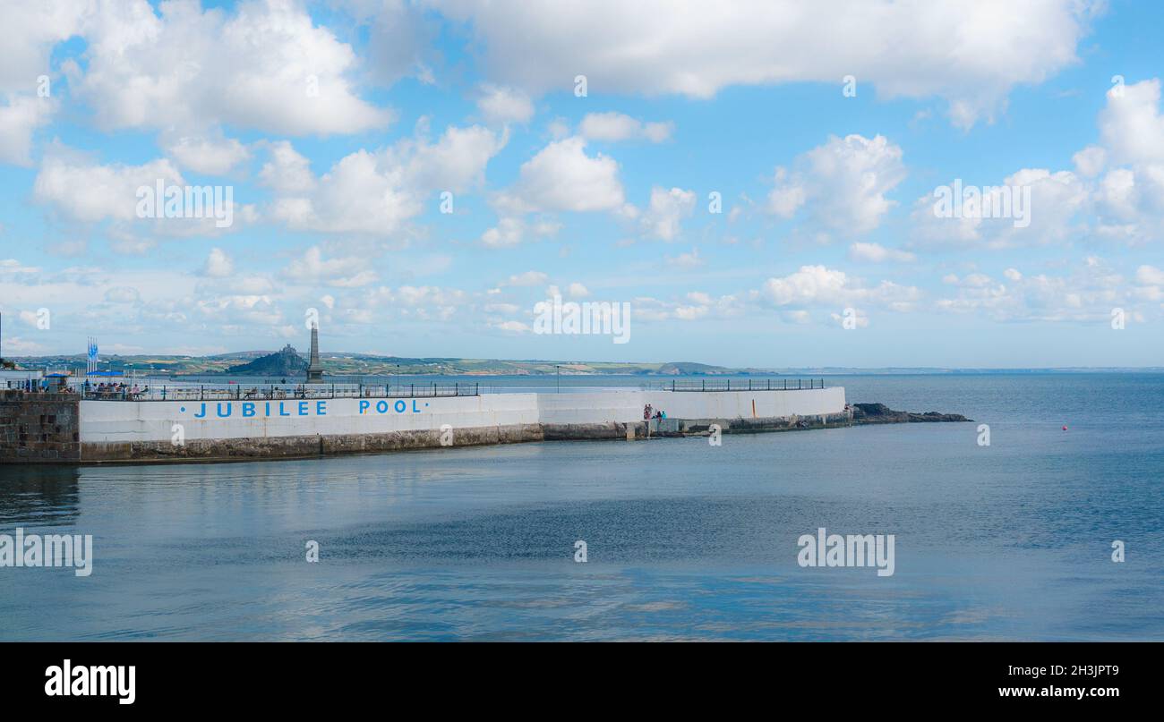 Jubilee lido swimming pool, Penzance- St Michaels' Mount in background Stock Photo