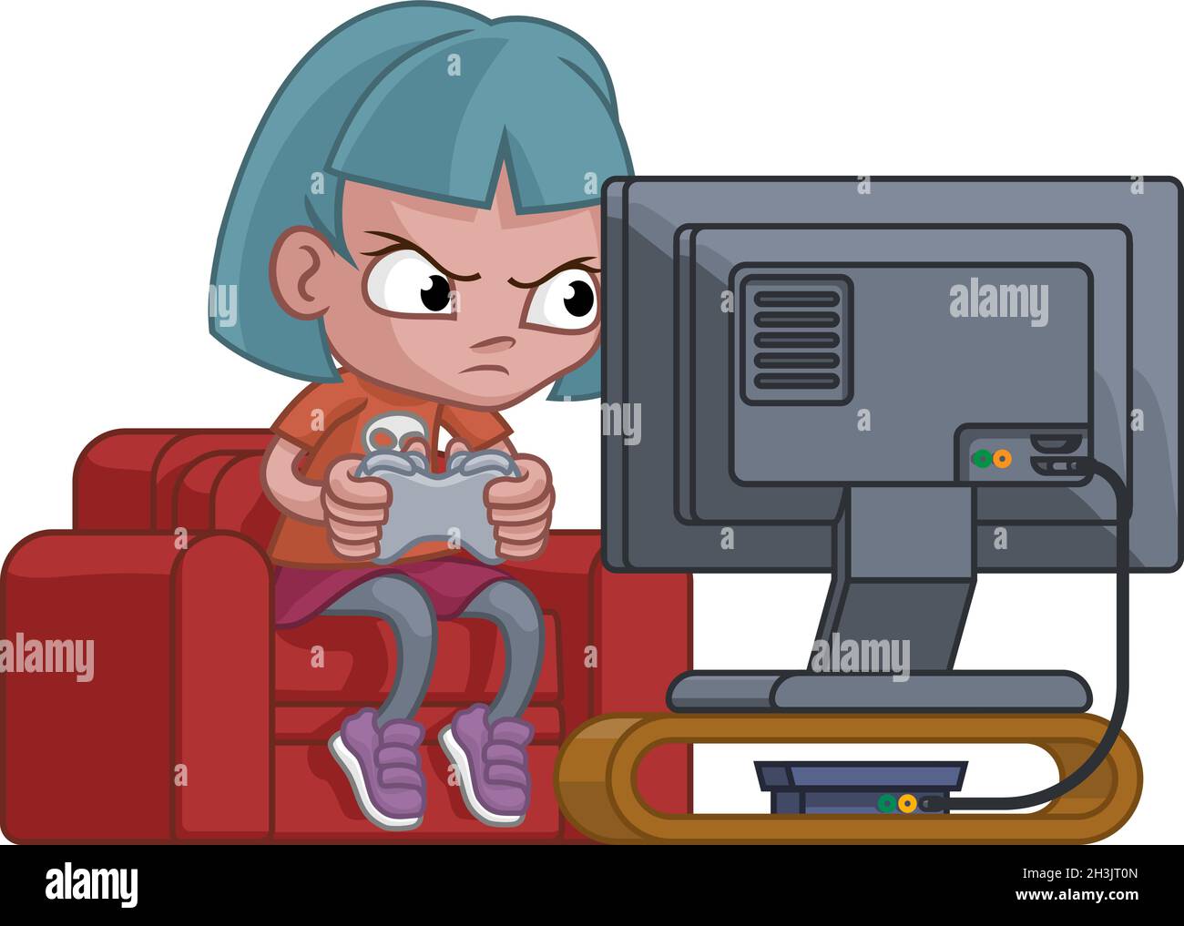Kid Girl Gamer Playing Video Games Console Cartoon Stock Vector