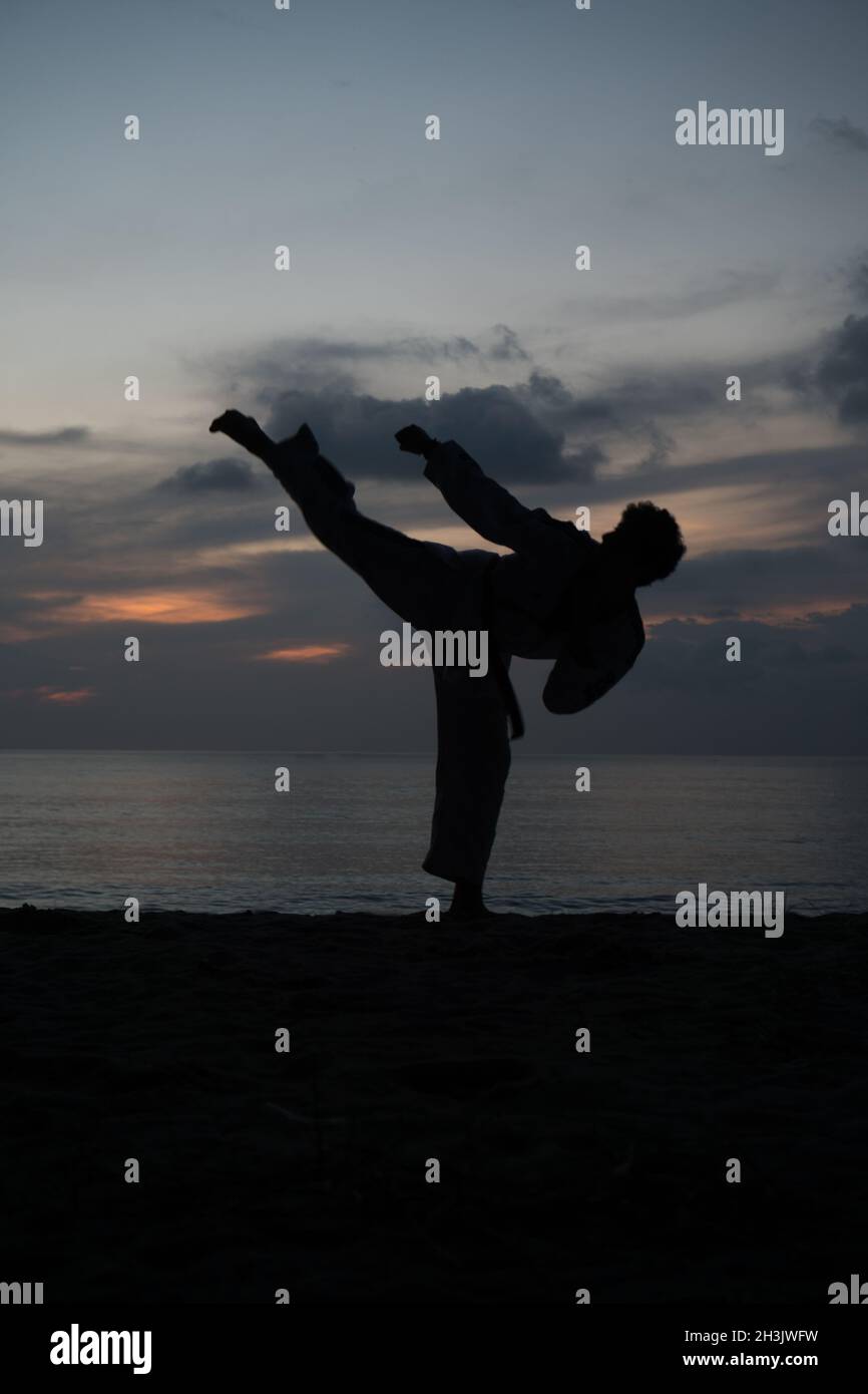 Silhouette of martial arts man training taekwondo Stock Photo