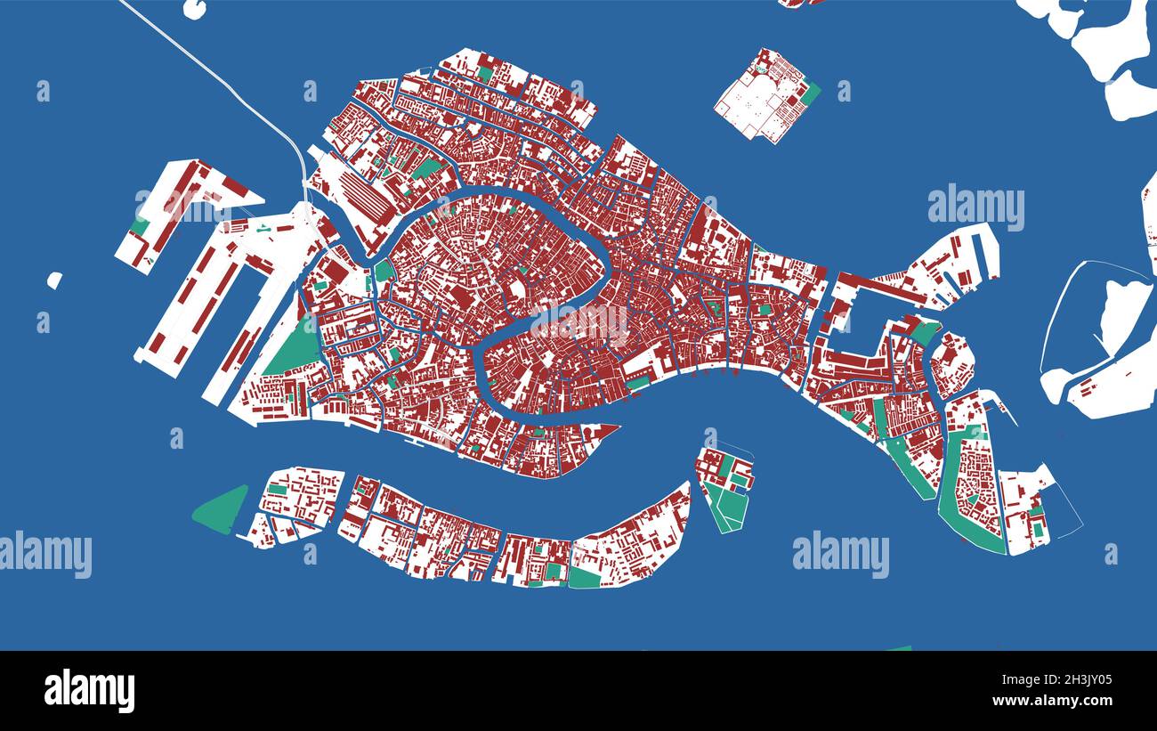 Venice vector map. Detailed map of Venice city administrative area. Cityscape panorama. Royalty free vector illustration. Outline map with buildings, Stock Vector