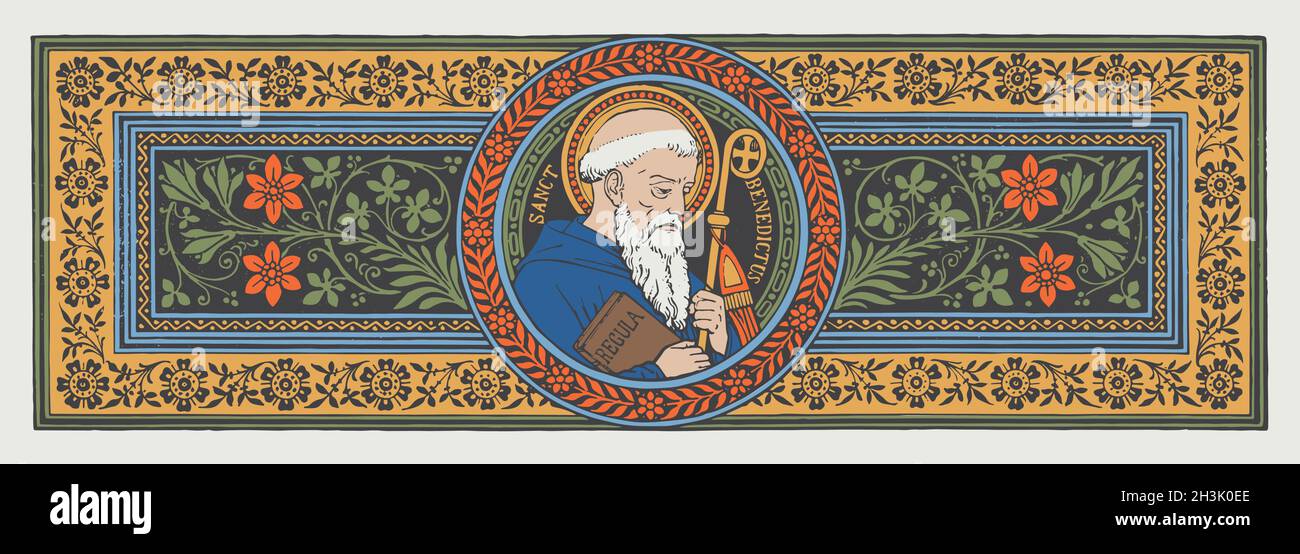 St. Benedict of Nursia, Catholic engraving vector. Catholic monk. Catholic Saint. Father of Western monasticism. Patron saint of Europe. Stock Vector