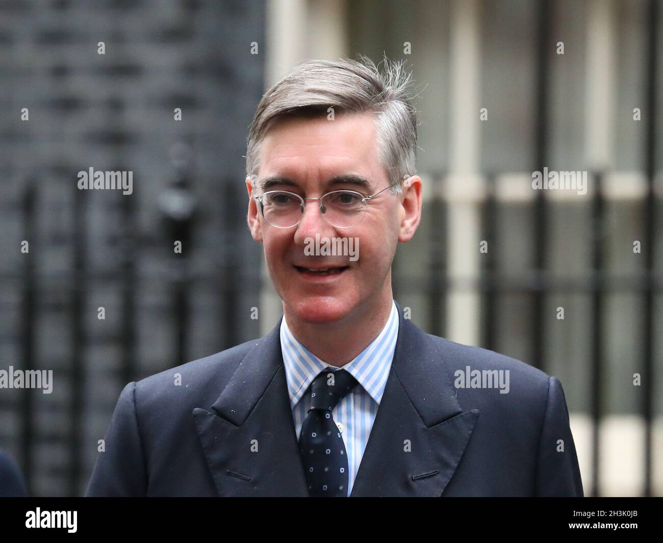 Leader of the House of Commons Jacob Rees-Mogg leaves after a meeting at Downing Street, Westminster, London, UK Stock Photo