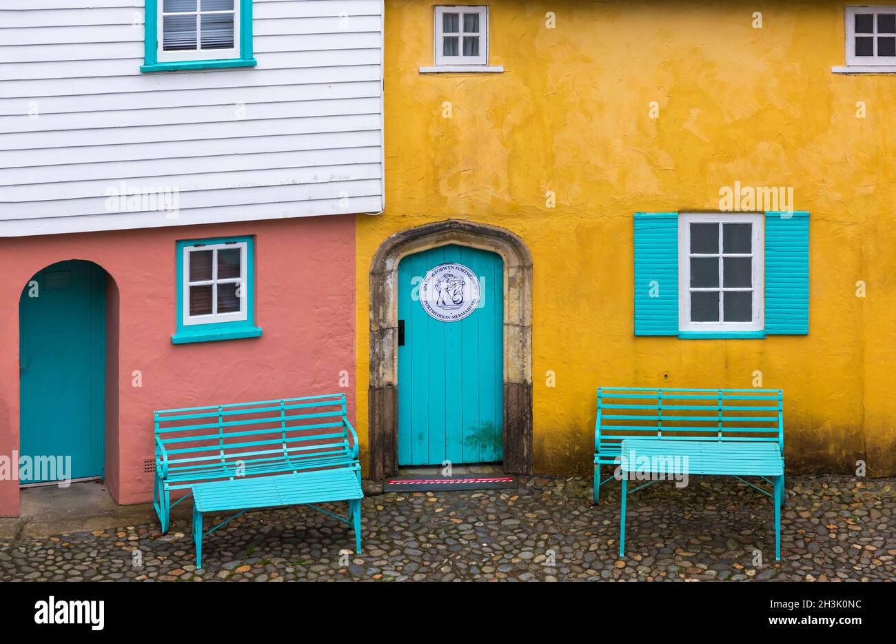 Portmeirion village, Gwynedd, North Wales Mermaid Spa in Battery Square - tourist village designed & built by Sir Clough Williams-Ellis 1925-1975 Stock Photo