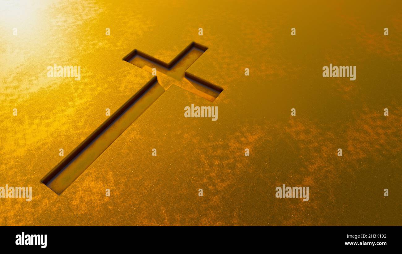 Concept or conceptual gold cross on a golden background. 3d illustration metaphor for God, Christ, Christianity,  religious, faith, holy, spiritual, J Stock Photo