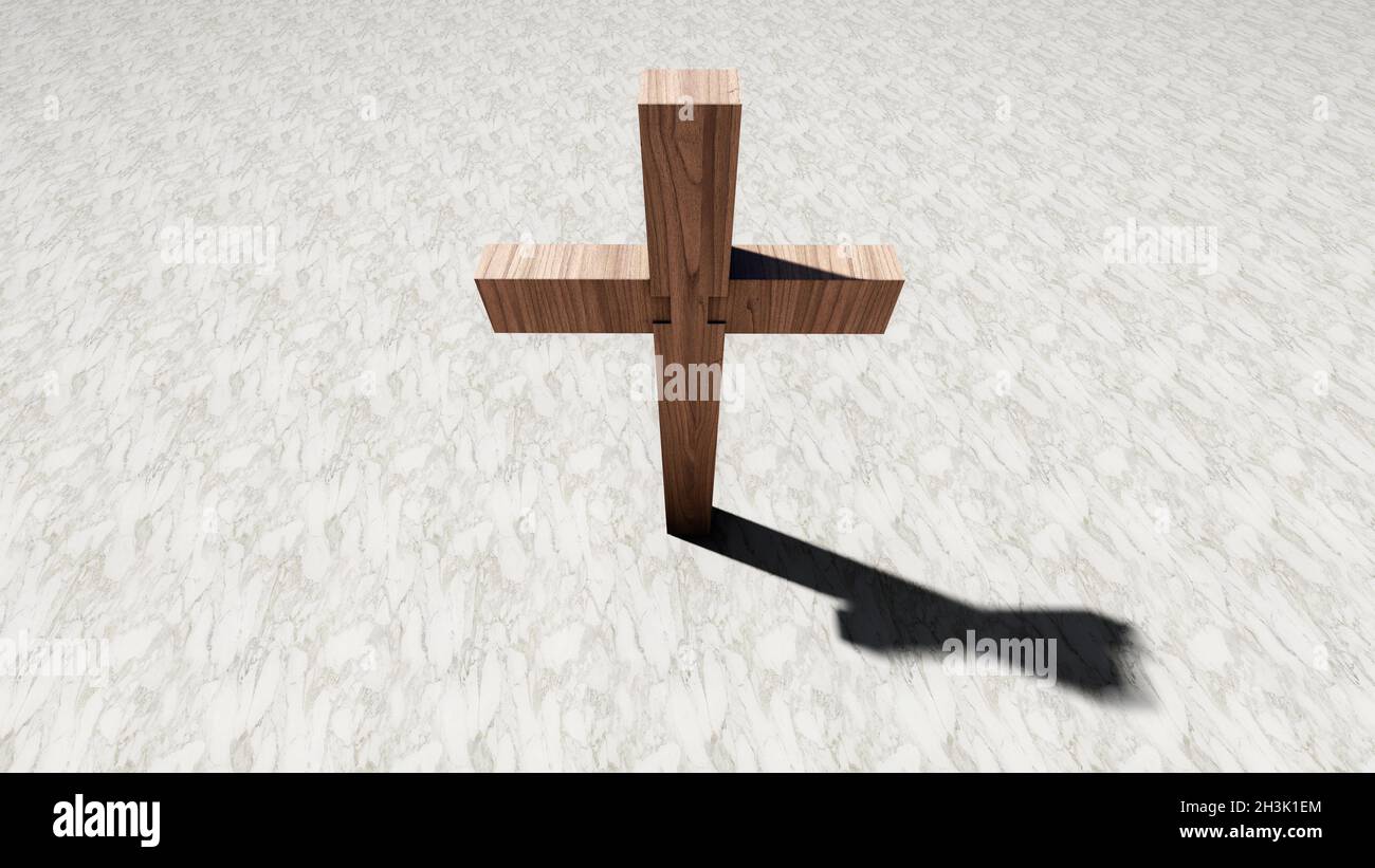 Concept or conceptual wooden cross on a pattern white marble background. 3d illustration metaphor for God, Christ, Christianity, religious, faith, hol Stock Photo