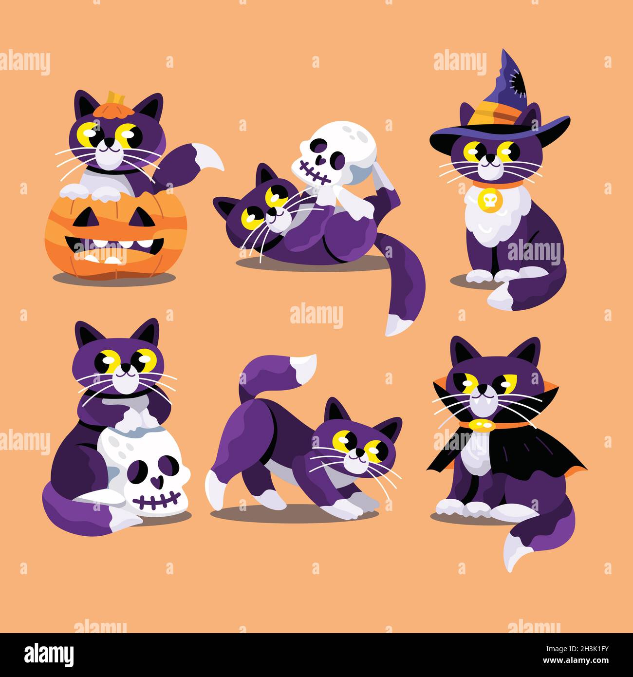 hand drawn flat halloween black cats collection vector design illustration Stock Vector
