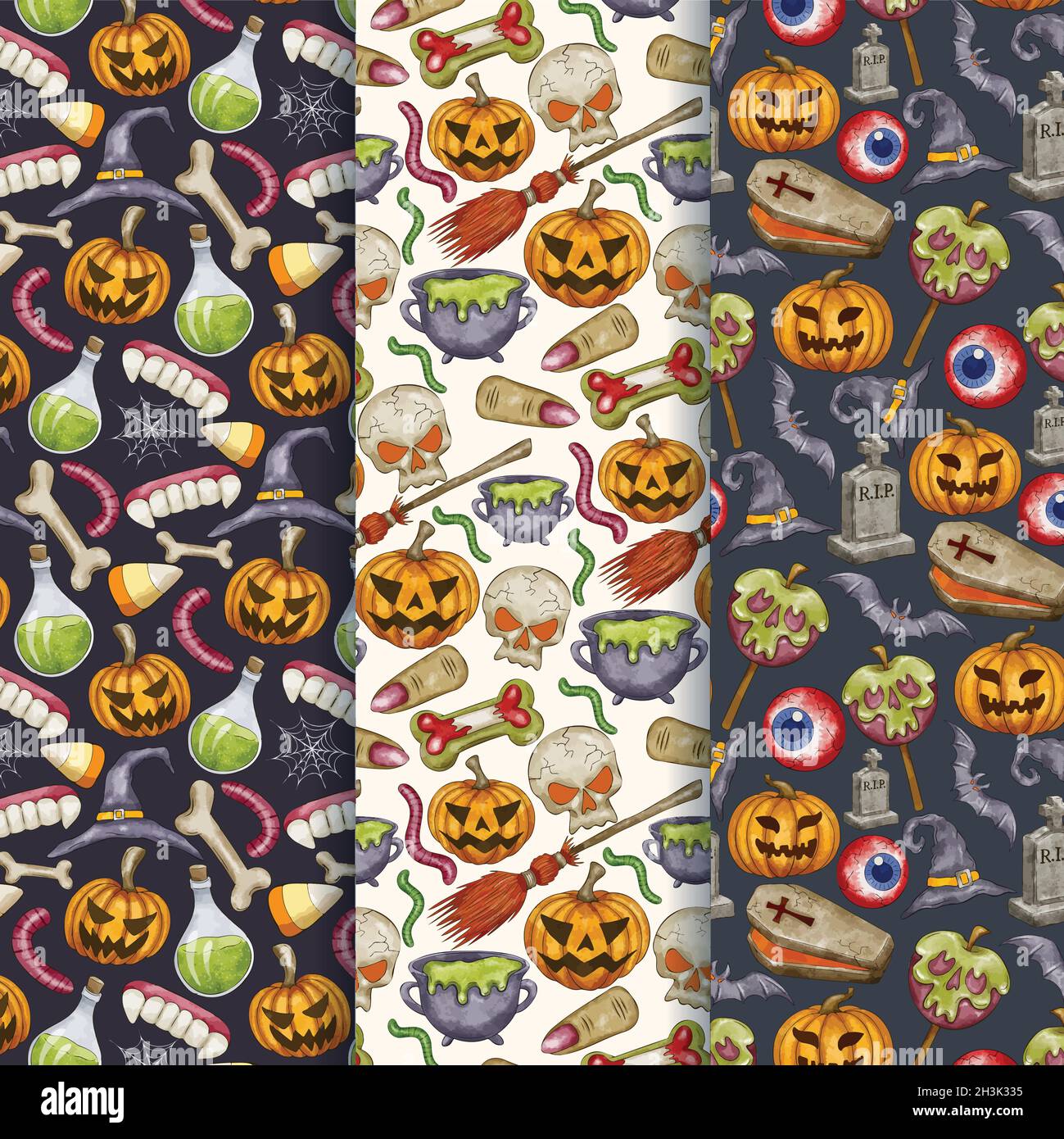 watercolor halloween patterns collection vector design illustration Stock Vector