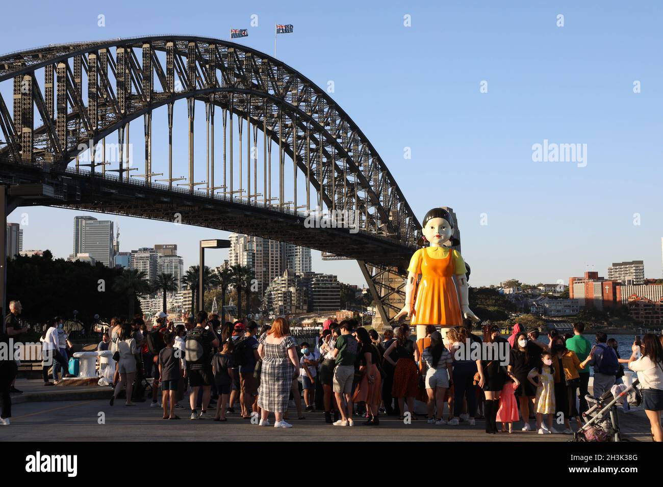 Sydney, Australia. 29th Oct, 2021. The replica animated doll from the  Netflix series Squid Game has been installed at Sydney Harbour for  Halloween. The doll, which is 4.5 metres tall and weighs