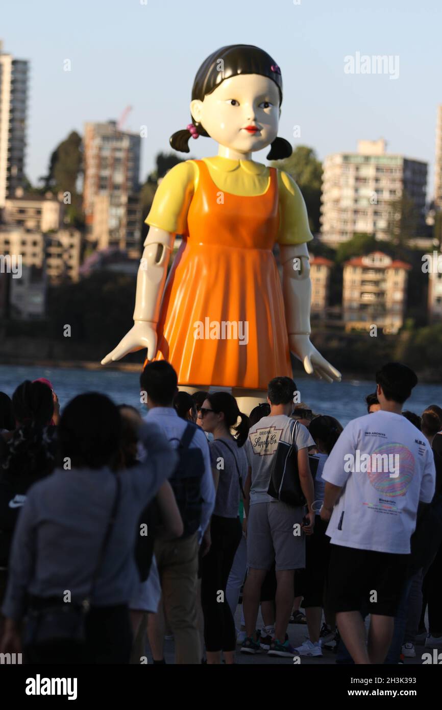 Sydney, Australia. 29th Oct, 2021. The replica animated doll from the  Netflix series Squid Game has been installed at Sydney Harbour for  Halloween. The doll, which is 4.5 metres tall and weighs