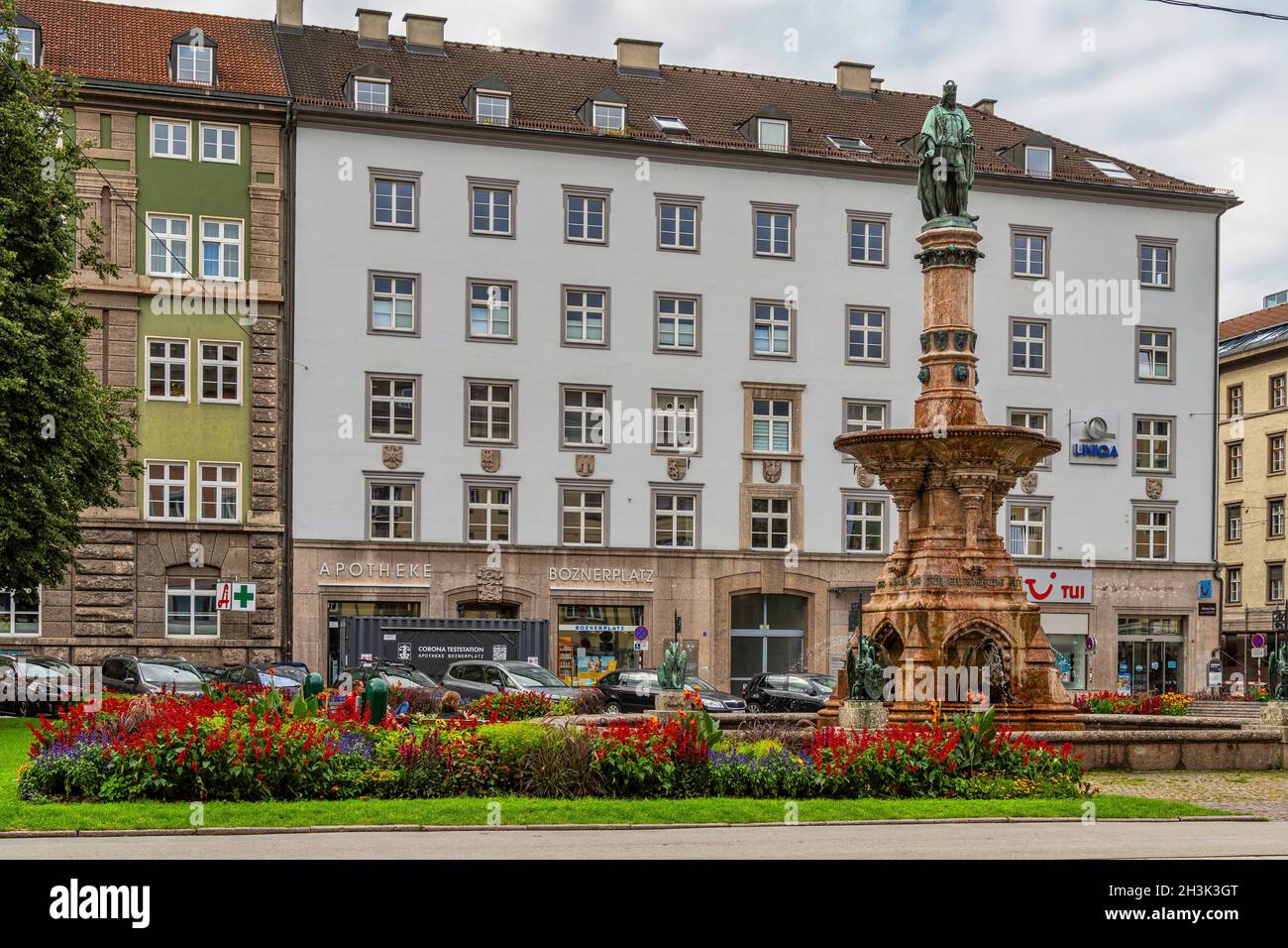 The fountain with the bronze statue of the Duke Rudolf IV was built on Bozner Platz in 1877. Innsbruck, North Tyrol, Austria, Europe Stock Photo