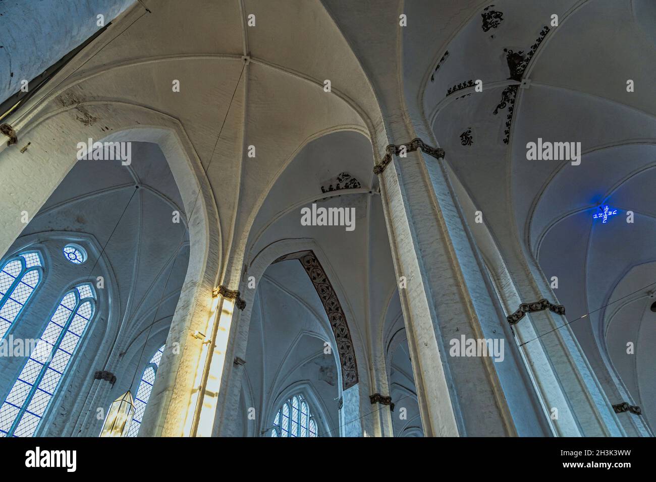 Arched ceiling and crossbeams of the gothic church of San Pietro destroyed during the bombing of the Second World War. Luebeck, Germany, Europe Stock Photo